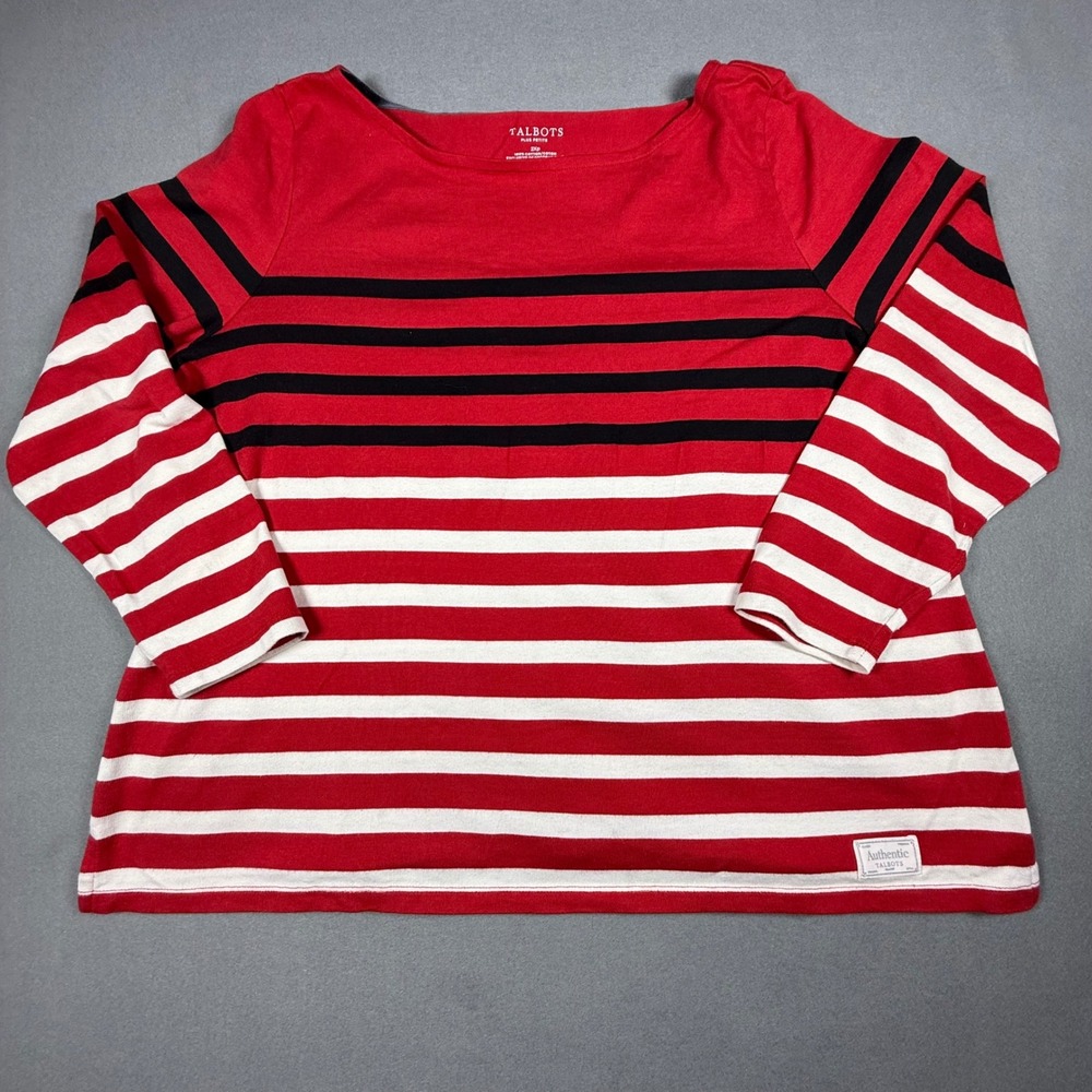 Talbots Women 2Xp‎ Top Authentic Boat Neck Striped Red White Black 100% Cotton